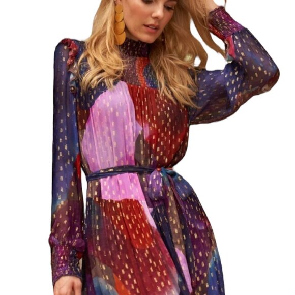 Rare Oliphant Drop Waist Smocked Neck Art Navy Print Maxi Dress S Oversized Boho - Picture 2 of 11